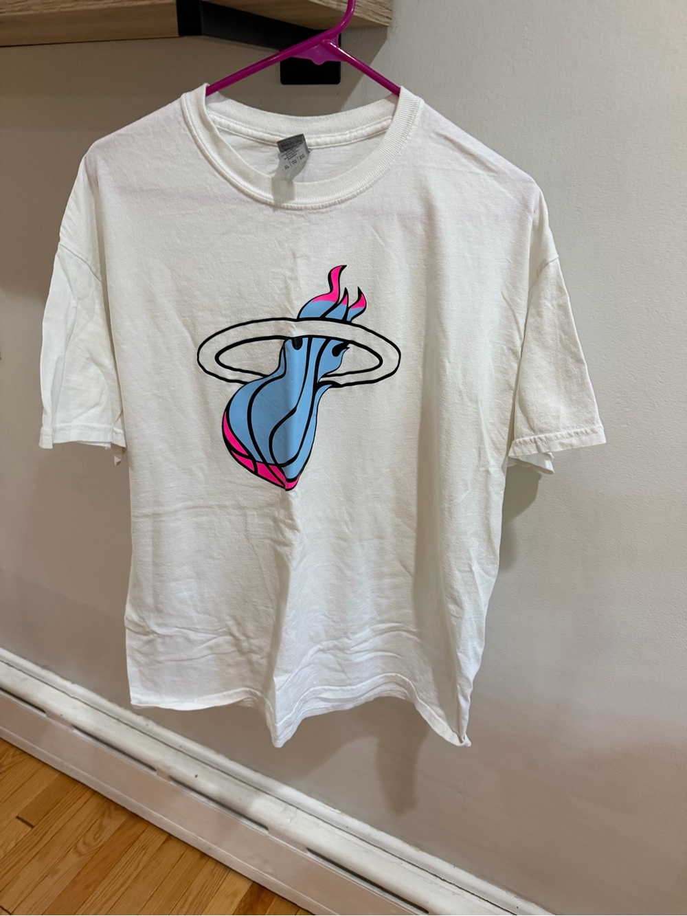 Gildan White Short-Sleeve Tee with Blue & Pink Flame Graphic Miami Heat looking
